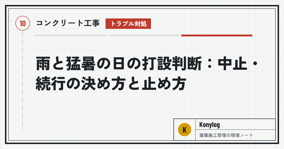 コンクリート工事：雨と猛暑の日の打設判断：中止・続行の決め方と止め方