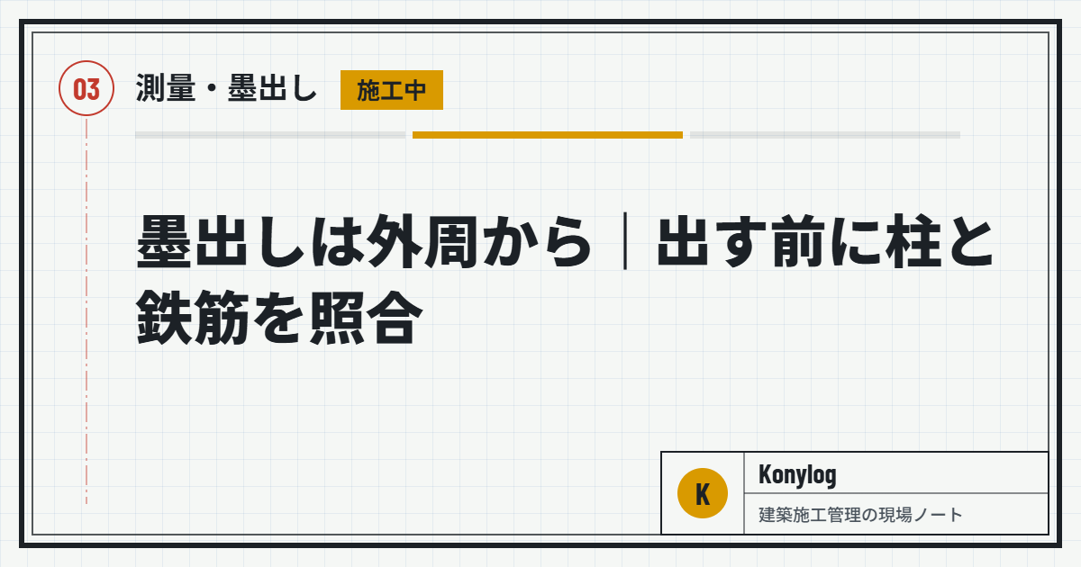 測量・墨出し：墨出しは外周から｜出す前に柱と鉄筋を照合