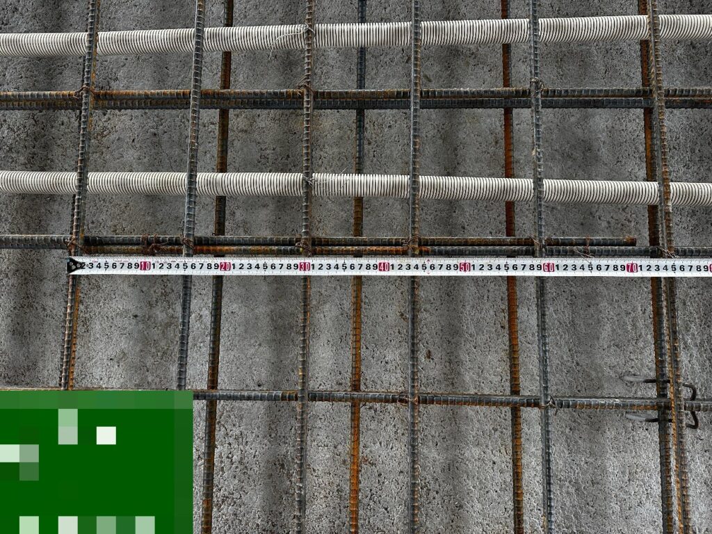 鉄筋の重ね継手の長さを巻尺で測っているところ(D13、40d=520mm)